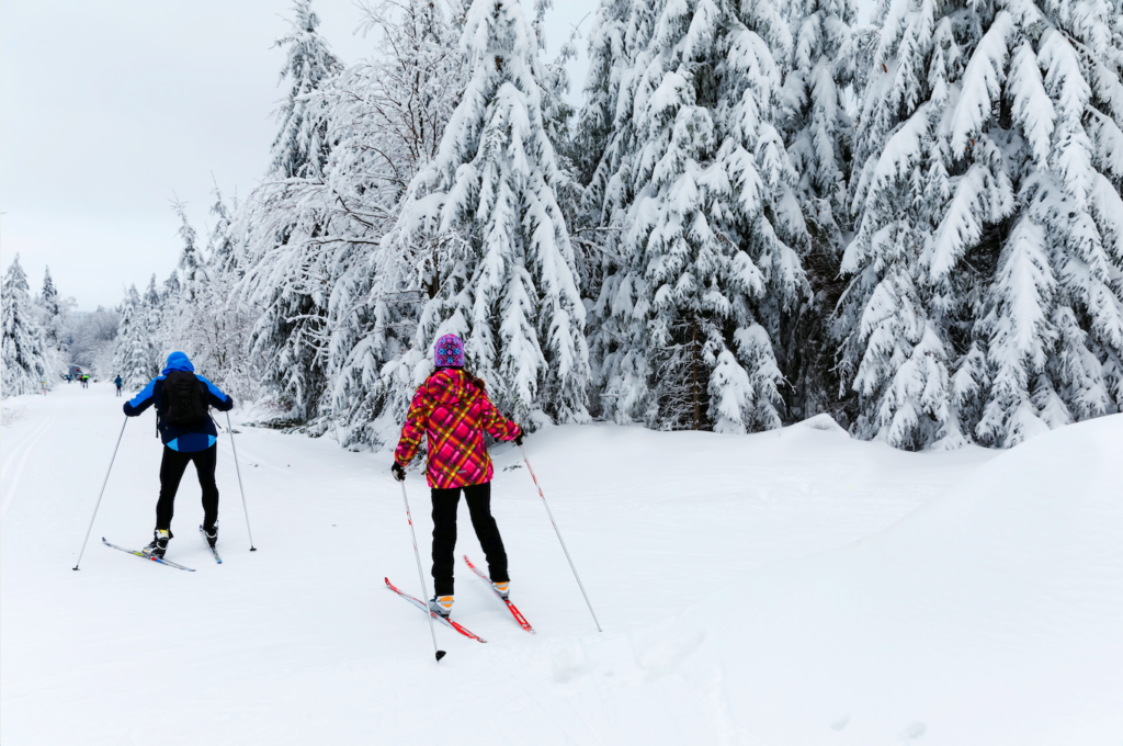 Couple cross-country skiing in trails among land for sale old Chelsea Quebec