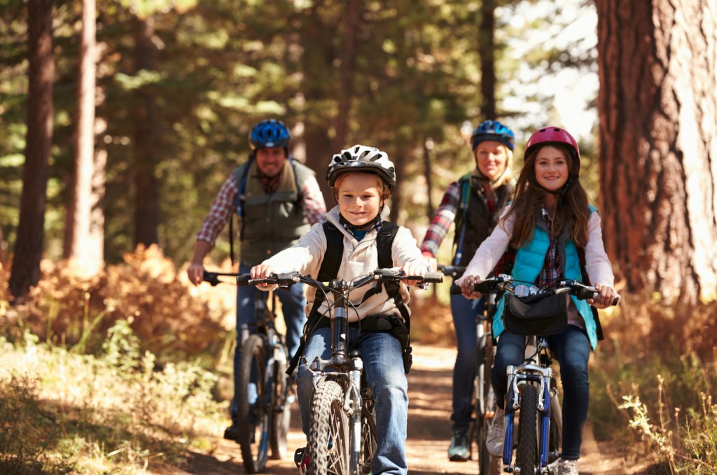 Family bike ride on a forested trail in land for sale old Chelsea Quebec